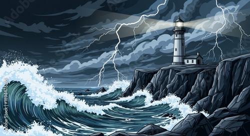 Lighthouse on rocky cliffside with turbulent waves and lightning stormy night sea