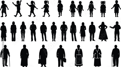 Black silhouette collection of people of all ages including children adults and seniors standing in rows isolated on white background for demographic diversity projects