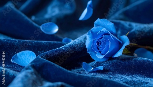 青のベルベットの生地に青い薔薇の花びら