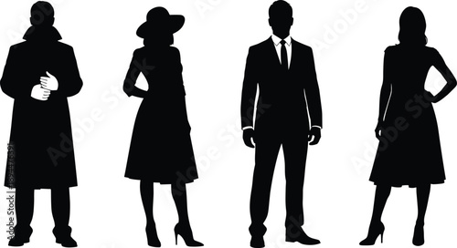 Set of diverse business people silhouettes standing in professional corporate suits formal office attire and elegant fashion dresses isolated on a white background illustration