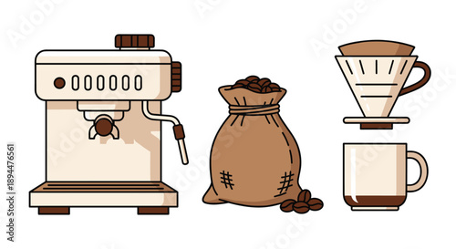 Coffee Preparation Icons Set Including Espresso Machine Coffee Beans and Pour-Over Dripper. Warm Toned Vector Graphics for Barista and Cafe Concepts.