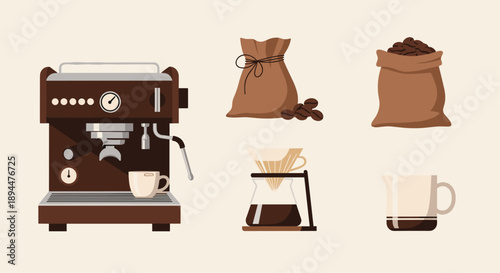 Professional Coffee Brewing Equipment Icons with Espresso Maker Coffee Bags and Carafe. Detailed Flat Design Vector Graphics for Gourmet Coffee Themes.