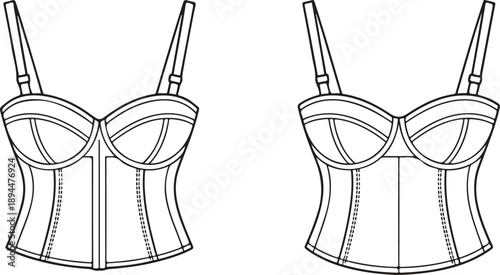 Bustier Lingerie Flat Template  Underwire Cups & Adjustable Straps Fashion Sketch