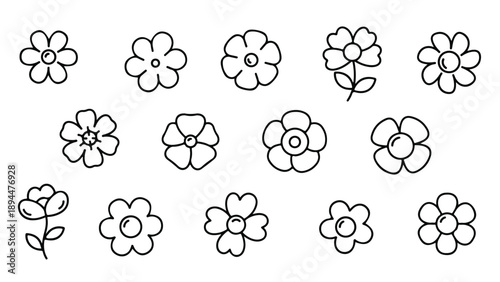 Set of Hand Drawn Doodle Flower Icons. Simple Line Art Floral Vector Collection.
