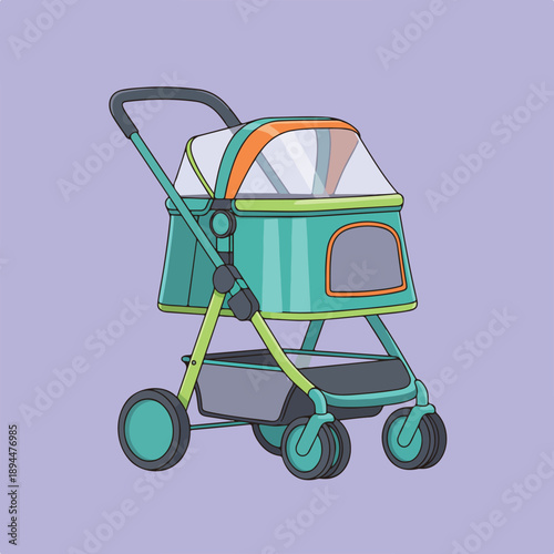 A brightly colored, cartoon-style pet stroller with a teal carrier, orange and green trim, and a clear top is shown on a light purple background.