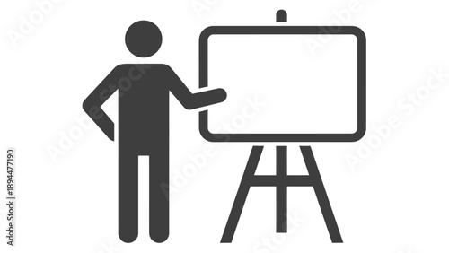 A simple black and white icon depicting a person presenting information on a blank whiteboard or easel.