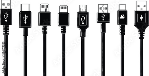 Universal USB Charging Cable Connector Set, Type C Micro USB and Lightning Port Interface Collection, Technical Flat Vector Illustration for Technology and Hardware Design