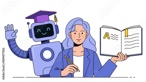 A friendly robot in a graduation cap and a woman with a book and pencil, symbolizing AI in education, learning, and human-technology collaboration.