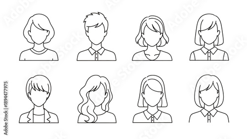 Collection of eight diverse faceless avatar outline icons representing various people with different hairstyles and clothing.