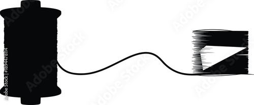 Silhouette of sewing thread spool and bobbin with connecting thread line for textile, tailoring, embroidery, and garment production in vector illustration format