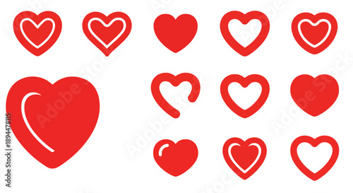 A collection of various red heart shapes and outlines, including solid and patterned designs, arranged on a clean white background.