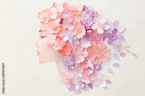 Silhouette of a woman's profile adorned with abundant pastel paper flowers creating hair
