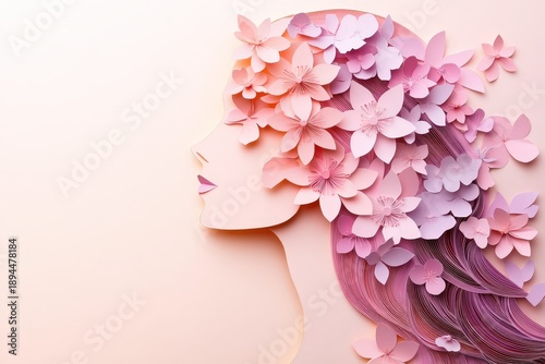 Profile silhouette of a woman adorned with three dimensional paper blossoms illustrates beauty and spring