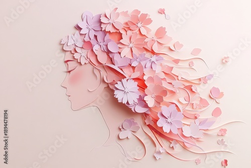 Profile silhouette of a woman adorned with layered paper blossoms in delicate pastel tones