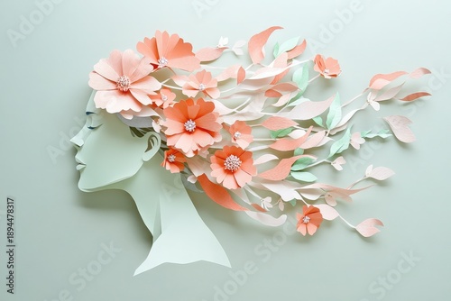 Paper art profile silhouette of a woman adorned with cascading peach and mint blossoms and foliage