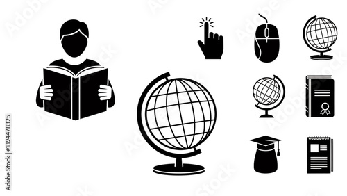 Educational icons set featuring a student reading, globes, computer mouse, clicking hand, graduation cap, and books.