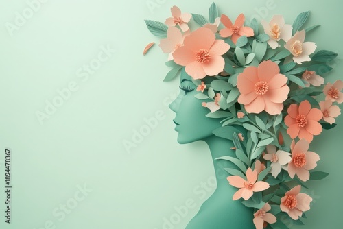 Stylized papercraft profile silhouette adorned with intricate floral arrangement emerges from pastel background