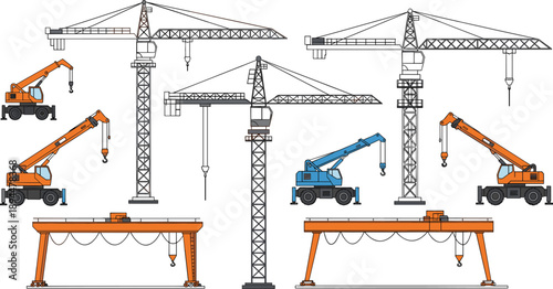Vector illustration collection of industrial construction cranes, including tower cranes and mobile hydraulic cranes for building sites and engineering projects.