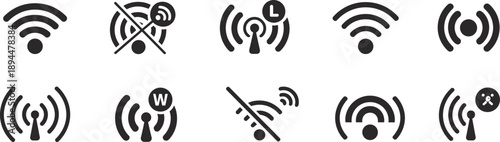 Wireless and Wi-Fi signal icons in black showing connectivity, disconnection, LTE, Wi-Fi 6, and mesh network indicators for digital interface design
