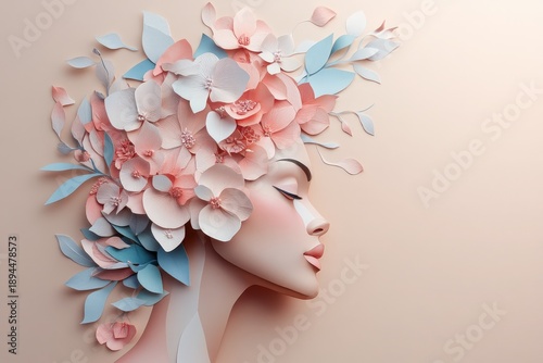 Profile view of a feminine face adorned with intricate layered paper flowers and foliage against a soft background