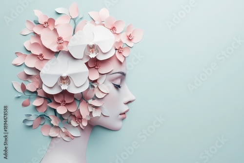 Profile portrait of a woman's head surrounded by intricate paper cut floral arrangement against a light background