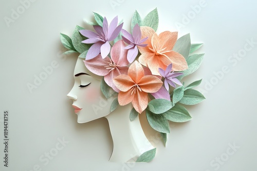 Paper cutout profile illustration depicts a woman adorned with pastel-colored floral elements
