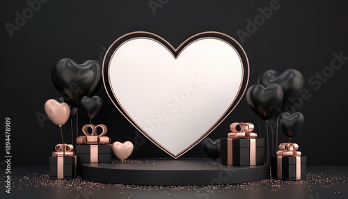 Elegant display podium features a large heart shape surrounded by balloons and wrapped presents on a dark background