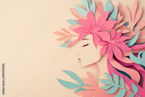 Stylized paper cut profile portrait of a woman adorned with large tropical flowers and foliage against a soft background