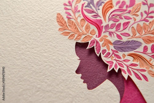 Intricate paper cutting artwork depicts a female profile adorned with elaborate botanical elements