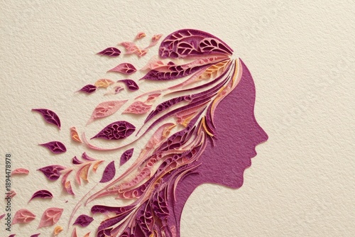 Intricate paper cut profile silhouette of a woman with flowing, leaf-like hair dissolving into the background