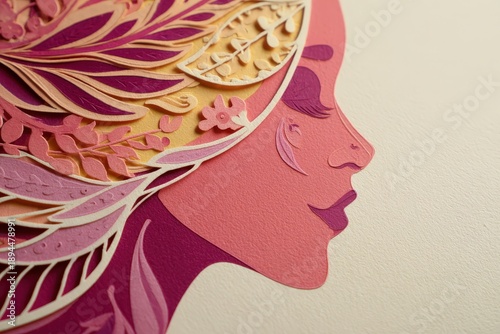 Intricate paper cutout layered profile portrait integrates delicate botanical elements