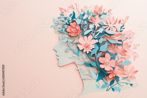 Female profile silhouette creatively formed with layered paper cutouts of blossoms and foliage