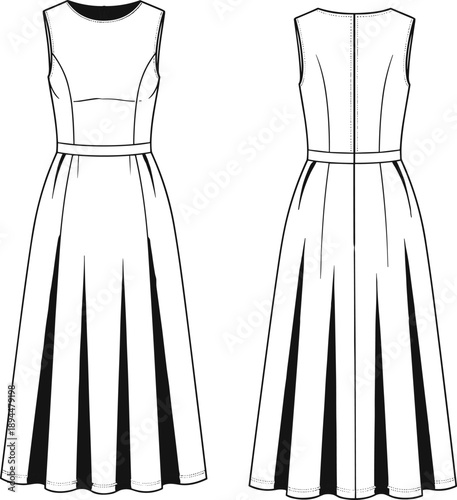 Women Sleeveless A-Line Midi Dress Fashion Technical Sketch, Front and Back View, CAD Drawing Flat Vector Illustration, Apparel Clothing Template