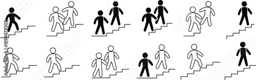 Staircase logic puzzle illustration, black and white figures, visual sequence, cognitive exercise, abstract 