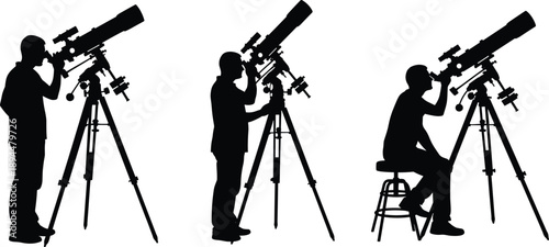 Silhouettes of people observing through telescopes in standing and seated positions representing stargazing, astronomy, and scientific exploration themes