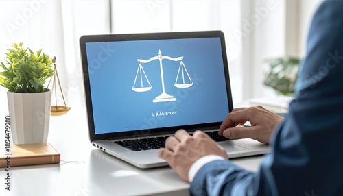 Businessman working on laptop with legal scales icon, symbolizing online law and justice services.