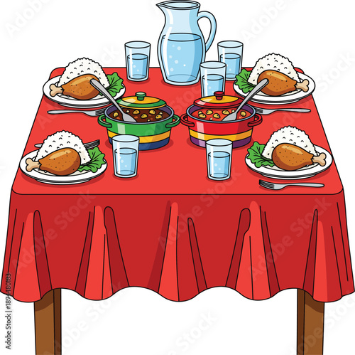 A cartoon dining table with a red tablecloth set for four with roasted chicken rice and stews.
