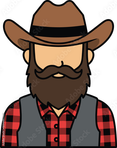 Flat vector illustration of a bearded man wearing a brown cowboy hat and red plaid flannel shirt, rustic masculine character avatar for western or outdoor theme.