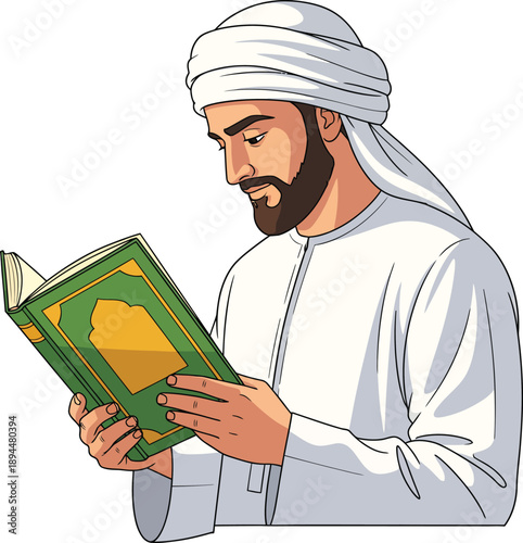A devout Arab man with a beard wearing a white thobe and ghutra attentively reading from a green and gold holy book.