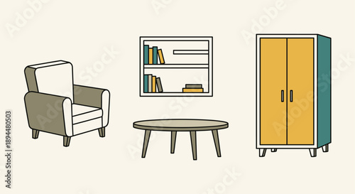 Home Furniture Icons Set with Armchair Bookshelf Coffee Table and Wardrobe. Modern Vector Illustrations for Interior Decor and Living Room Concepts.