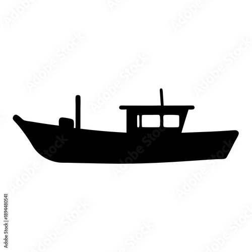 Silhouette illustration of a commercial fishing boat with cabin and antenna