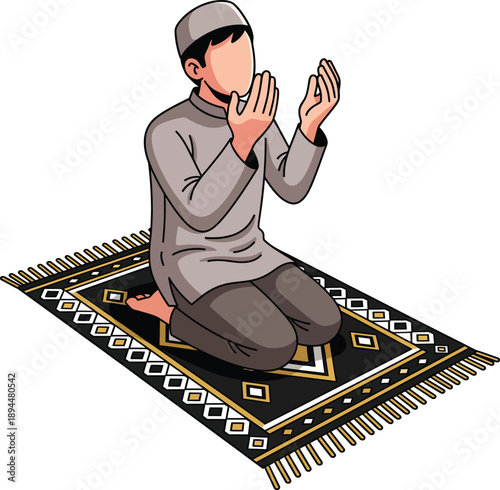 A devout Muslim man in a grey thobe and kufi kneeling on a prayer rug with hands raised in supplication.