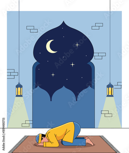 A devout Muslim man in a yellow tunic and blue cap performing the Sujud prostration on a prayer mat.