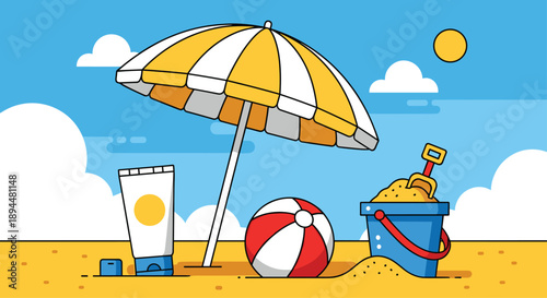 Beach Vacation Icons Featuring Umbrella Sunblock Beach Ball and Sand Bucket. Vibrant Vector Illustrations for Summer Leisure and Outdoor Family Fun Content.