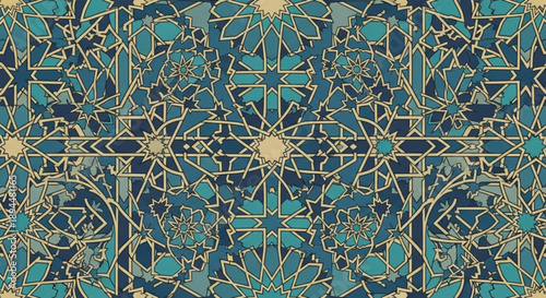 Intricate blue and green geometric pattern with golden accents