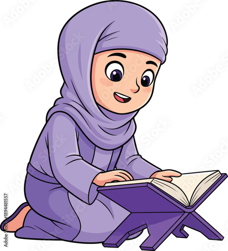 A smiling cartoon Muslim girl in a purple hijab kneeling while reading the Quran from a rehal bookstand.