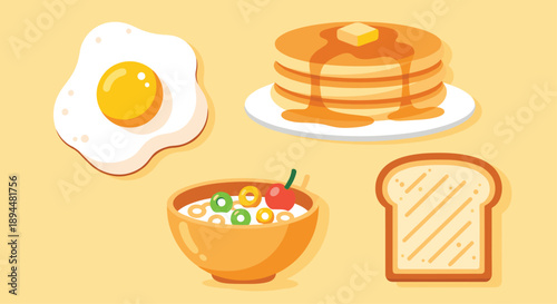 Healthy Breakfast Food Icons with Fried Egg Pancakes Cereal and Toast. Vibrant Vector Illustrations for Morning Meal Nutrition and Gourmet Kitchen Themes.