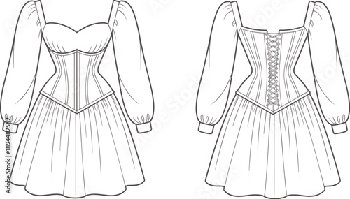 Elegant corset-style puff sleeve dress design, fashion sketch front and back view, vintage silhouette, garment illustration