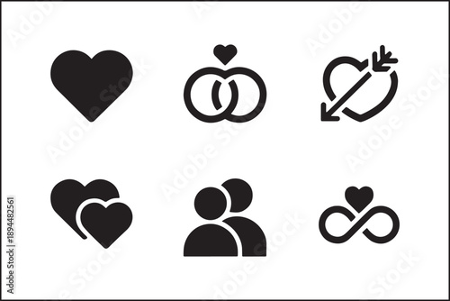 Romantic Love Icons Set – Heart, Rings, Couple, Infinity, and Arrow Symbols for Valentine’s Day and Relationship Design

