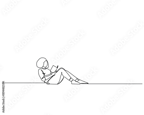 A figure sits with legs extended and ankles crossed, reading a book in a relaxed pose. Rendered in continuous line style, this minimalist artwork conveys calm and introspection—ideal for education, w